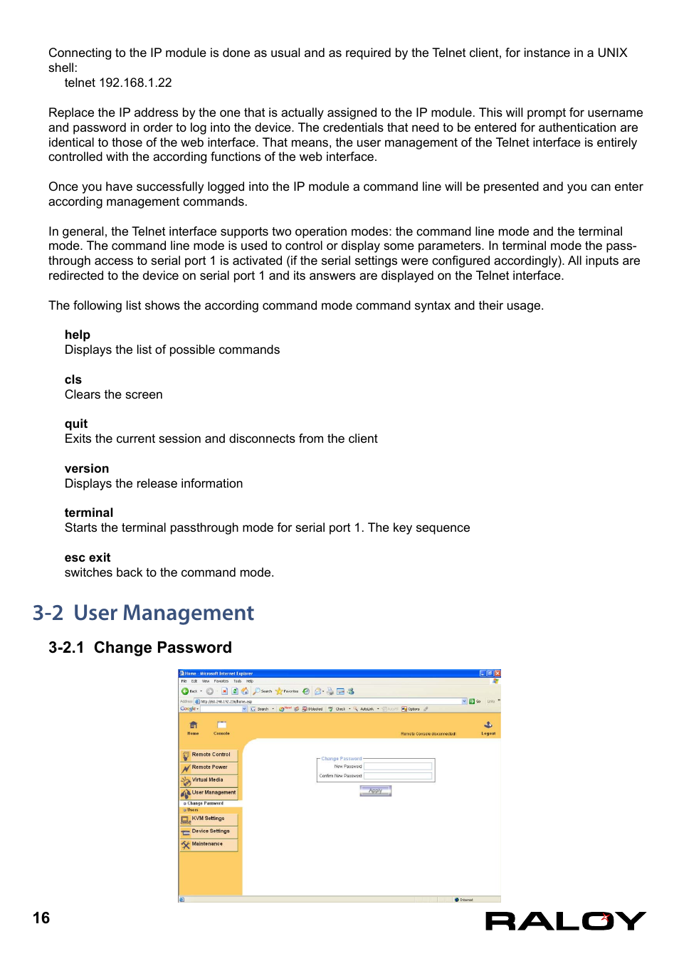 2 user management, 2.1 change password | Raloy IP Functions for KVM User Manual | Page 19 / 44
