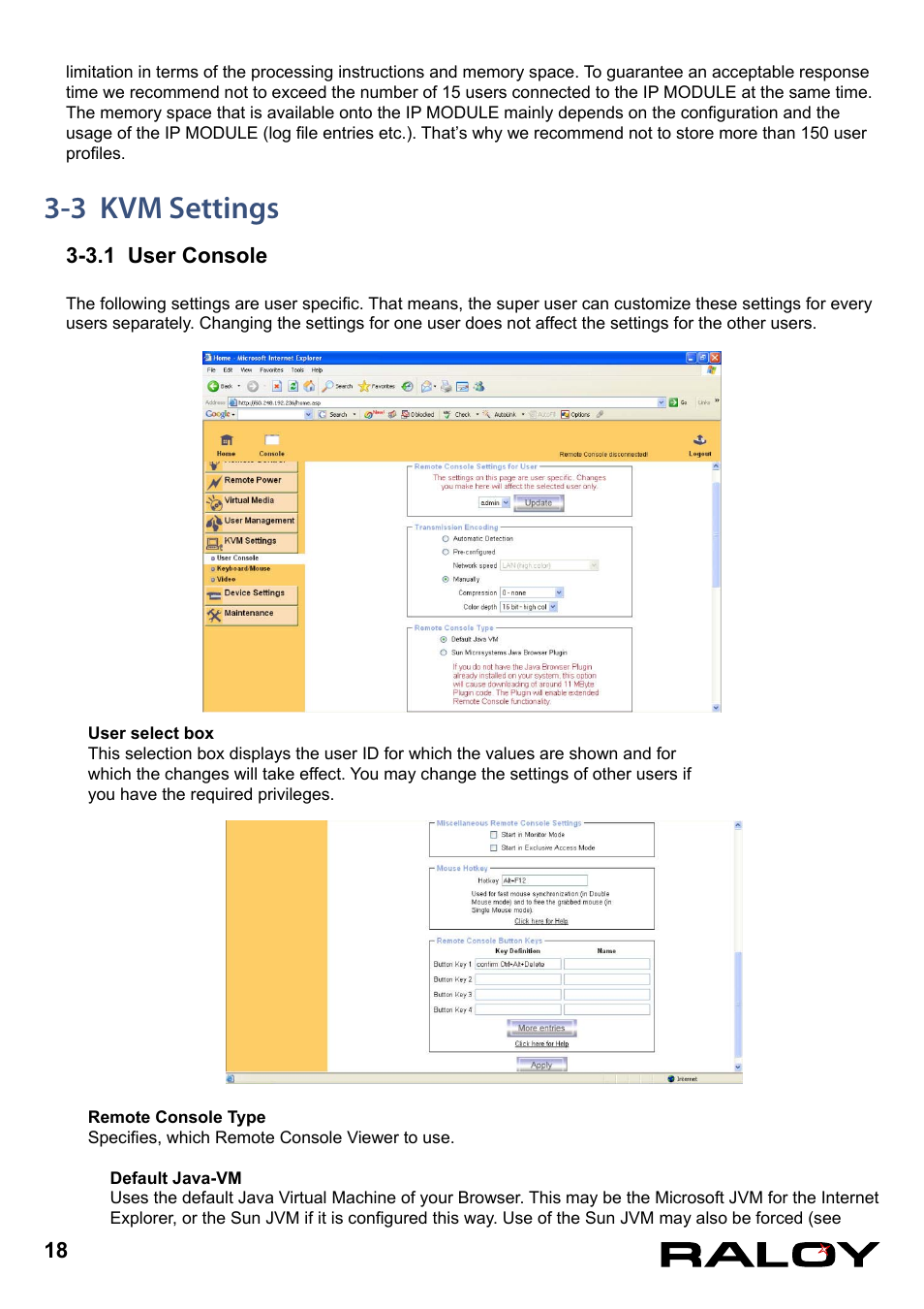 3 kvm settings, 3.1 user console | Raloy IP Functions for KVM User Manual | Page 21 / 44