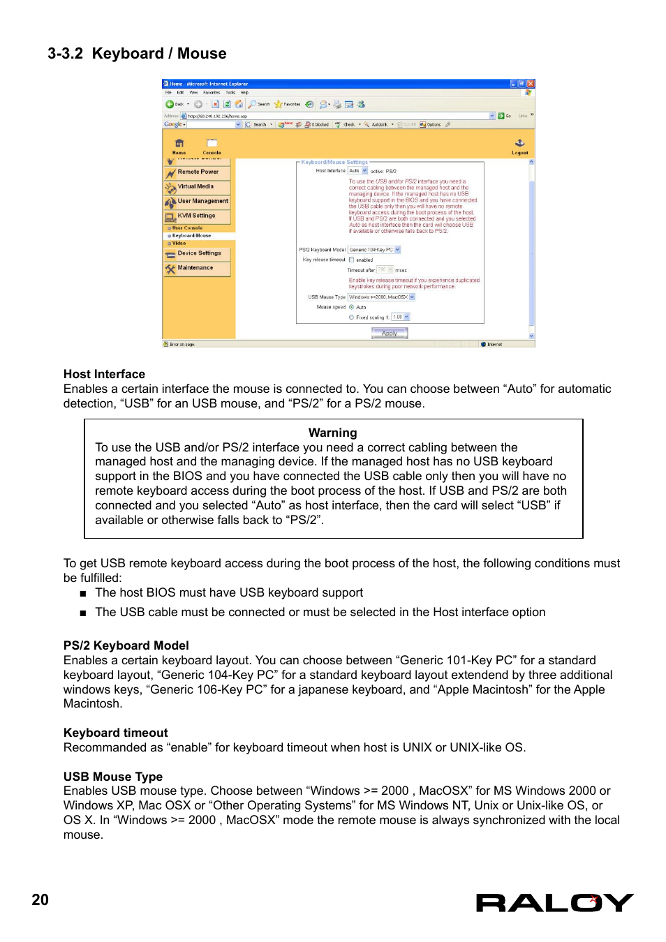 3.2 keyboard / mouse | Raloy IP Functions for KVM User Manual | Page 23 / 44