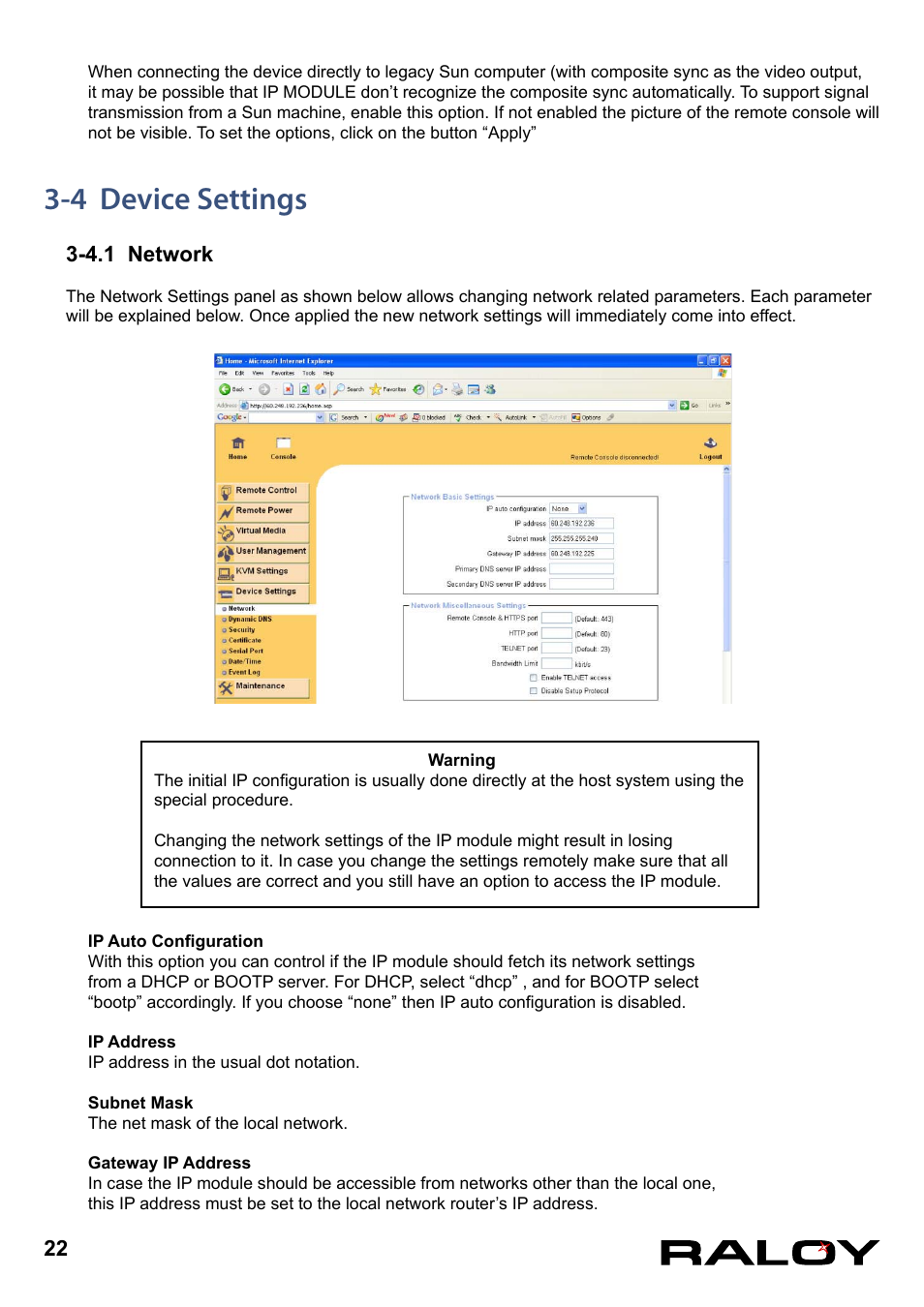 4 device settings, 4.1 network | Raloy IP Functions for KVM User Manual | Page 25 / 44
