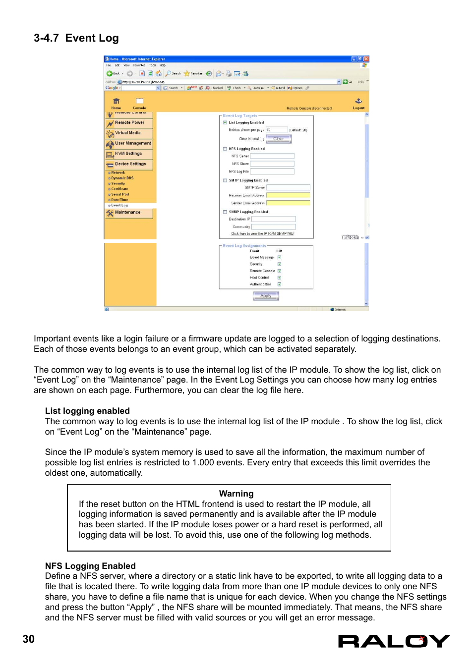 4.7 event log | Raloy IP Functions for KVM User Manual | Page 33 / 44