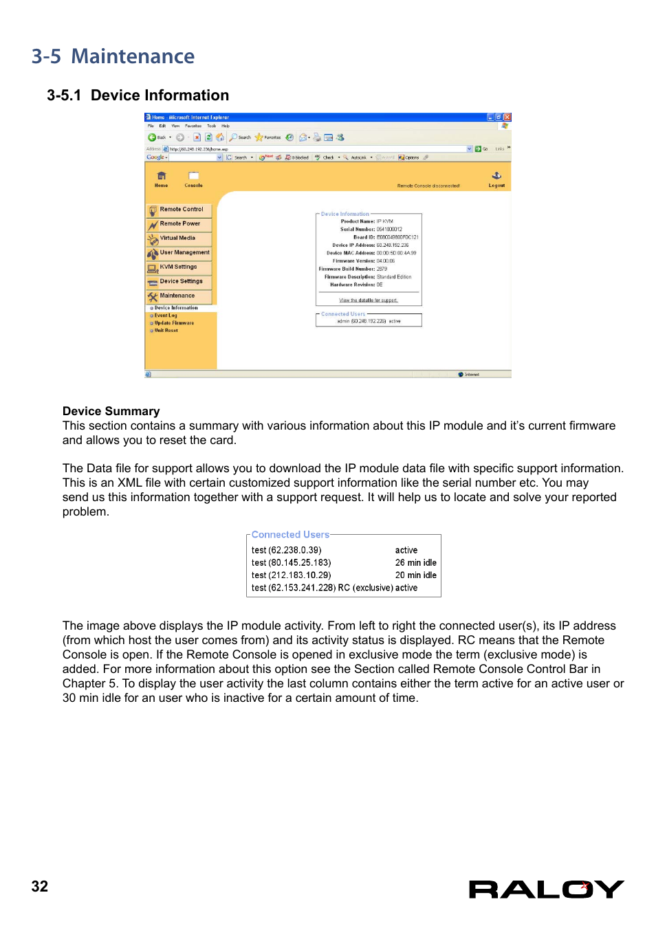 5 maintenance, 5.1 device information | Raloy IP Functions for KVM User Manual | Page 35 / 44