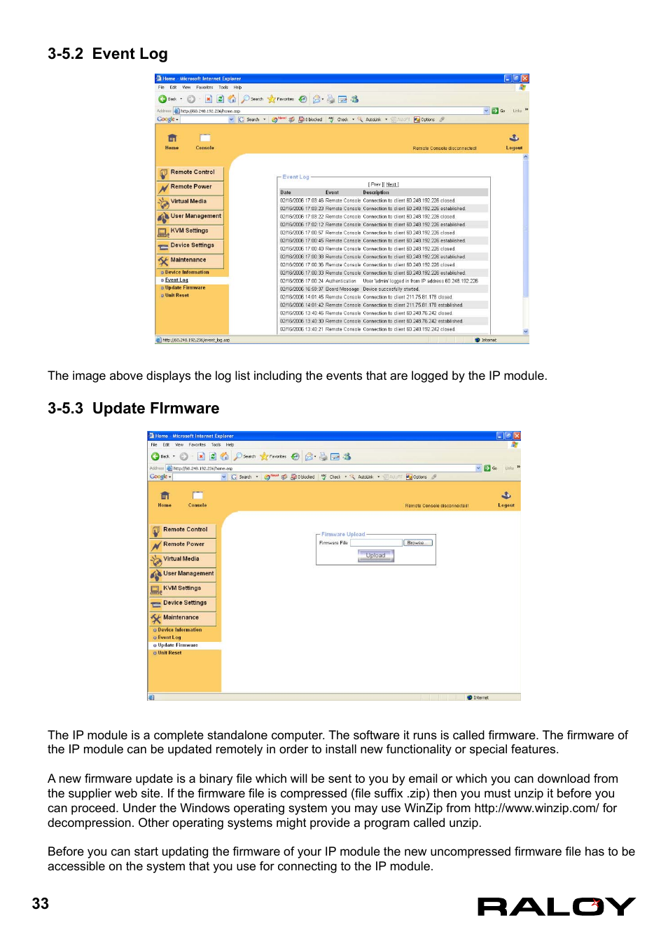 5.2 event log, 5.3 update firmware, 7.3 update firmware | Raloy IP Functions for KVM User Manual | Page 36 / 44