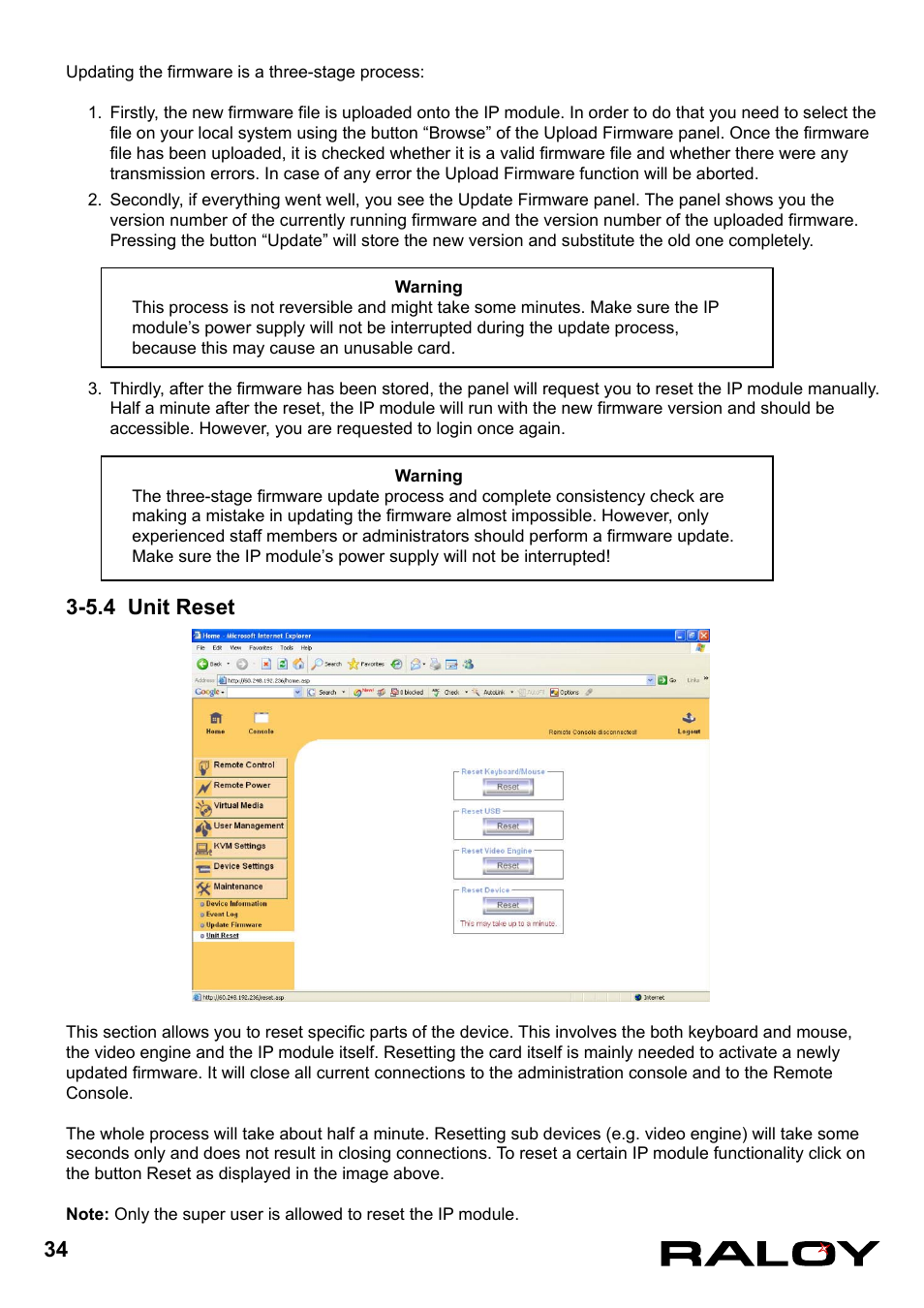 5.4 unit reset | Raloy IP Functions for KVM User Manual | Page 37 / 44
