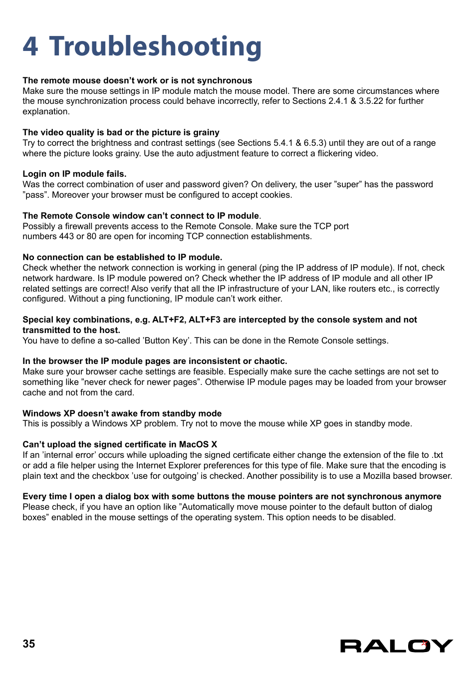 4 troubleshooting | Raloy IP Functions for KVM User Manual | Page 38 / 44
