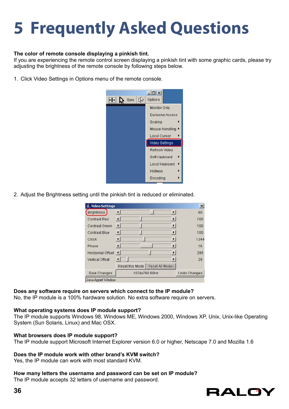 5 frequently asked questions | Raloy IP Functions for KVM User Manual | Page 39 / 44