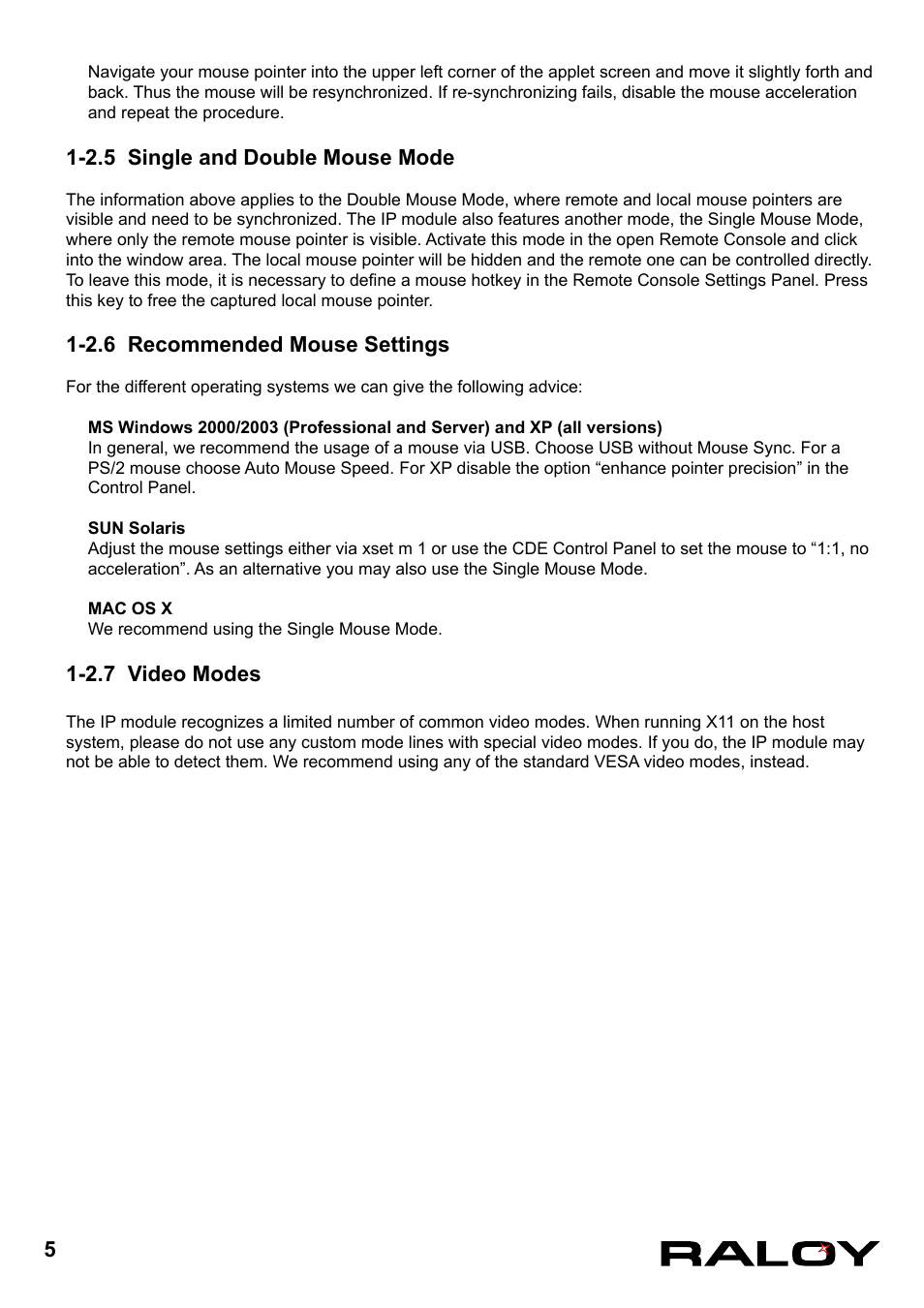2.5 single and double mouse mode, 2.6 recommended mouse settings, 2.7 video modes | Raloy IP Functions for KVM User Manual | Page 8 / 44