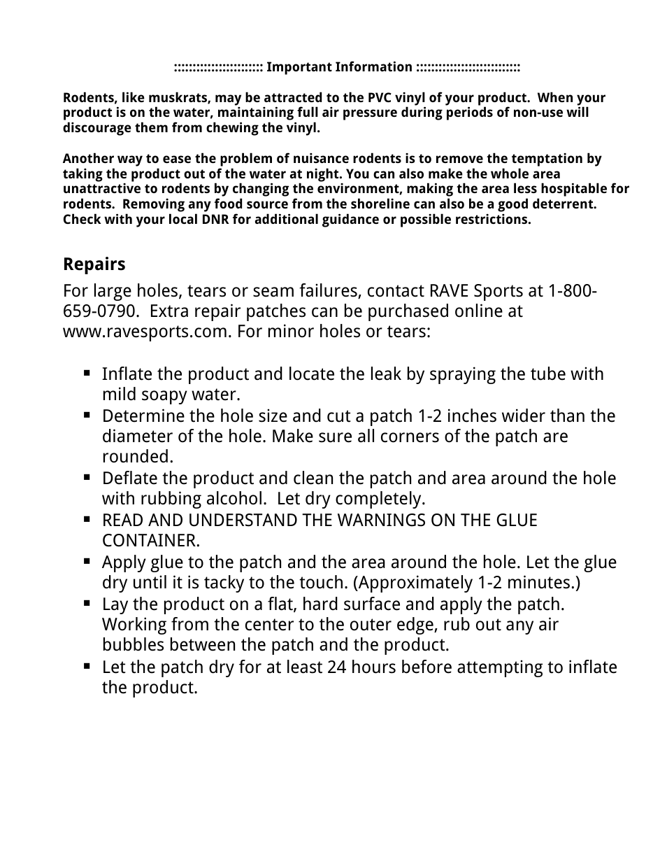 Repairs | RAVE Sports Aqua Jump Eclipse 200 Water Park User Manual | Page 18 / 20