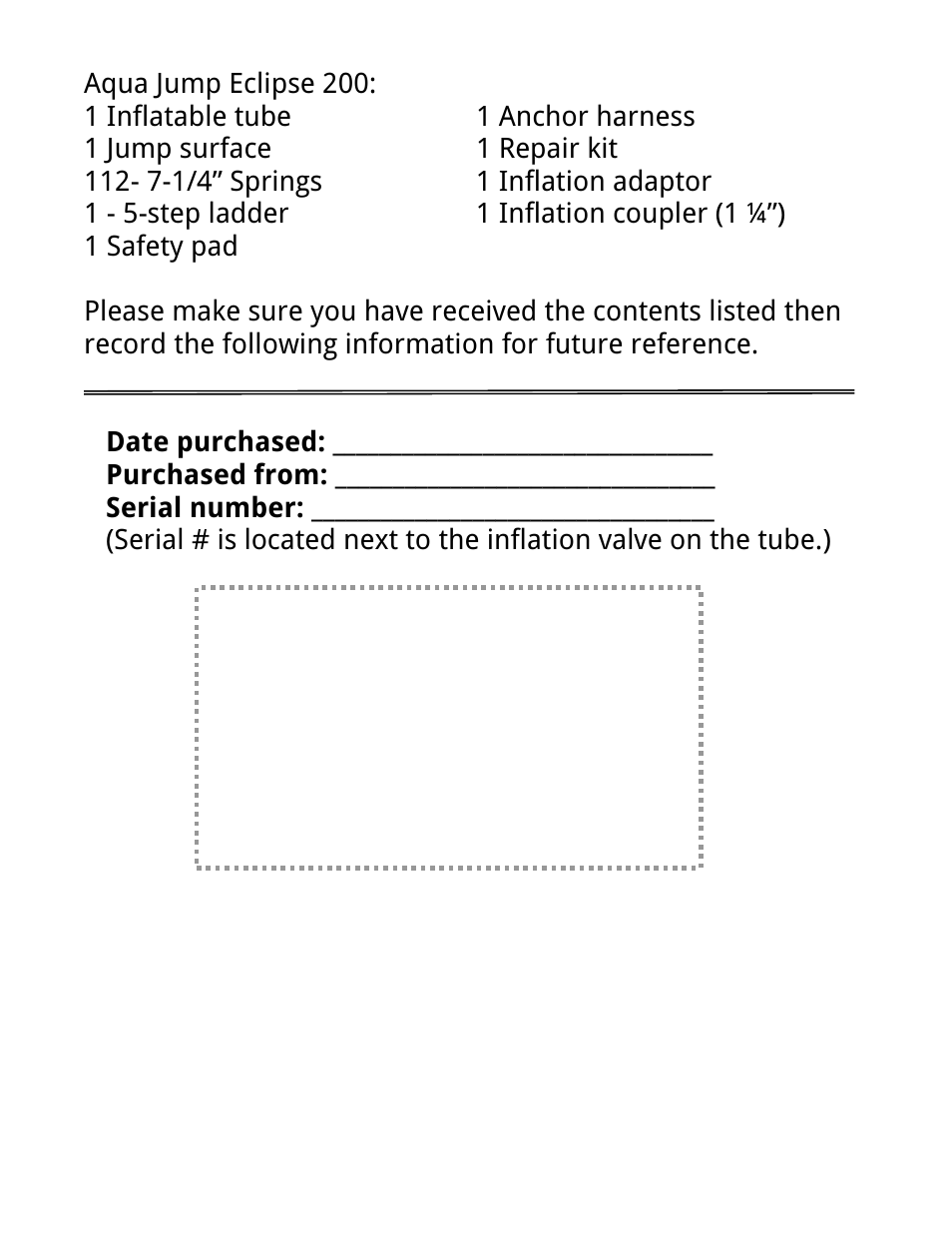 Staple your sales receipt here | RAVE Sports Aqua Jump Eclipse 200 Water Park User Manual | Page 3 / 20