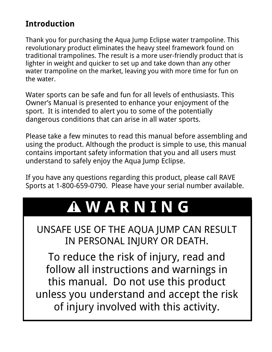 W a r n i n g | RAVE Sports Aqua Jump Eclipse 200 Water Park User Manual | Page 4 / 20