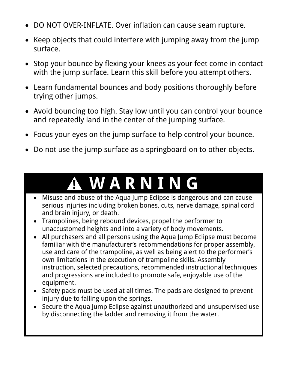 W a r n i n g | RAVE Sports Aqua Jump Eclipse 200 Water Park User Manual | Page 7 / 20