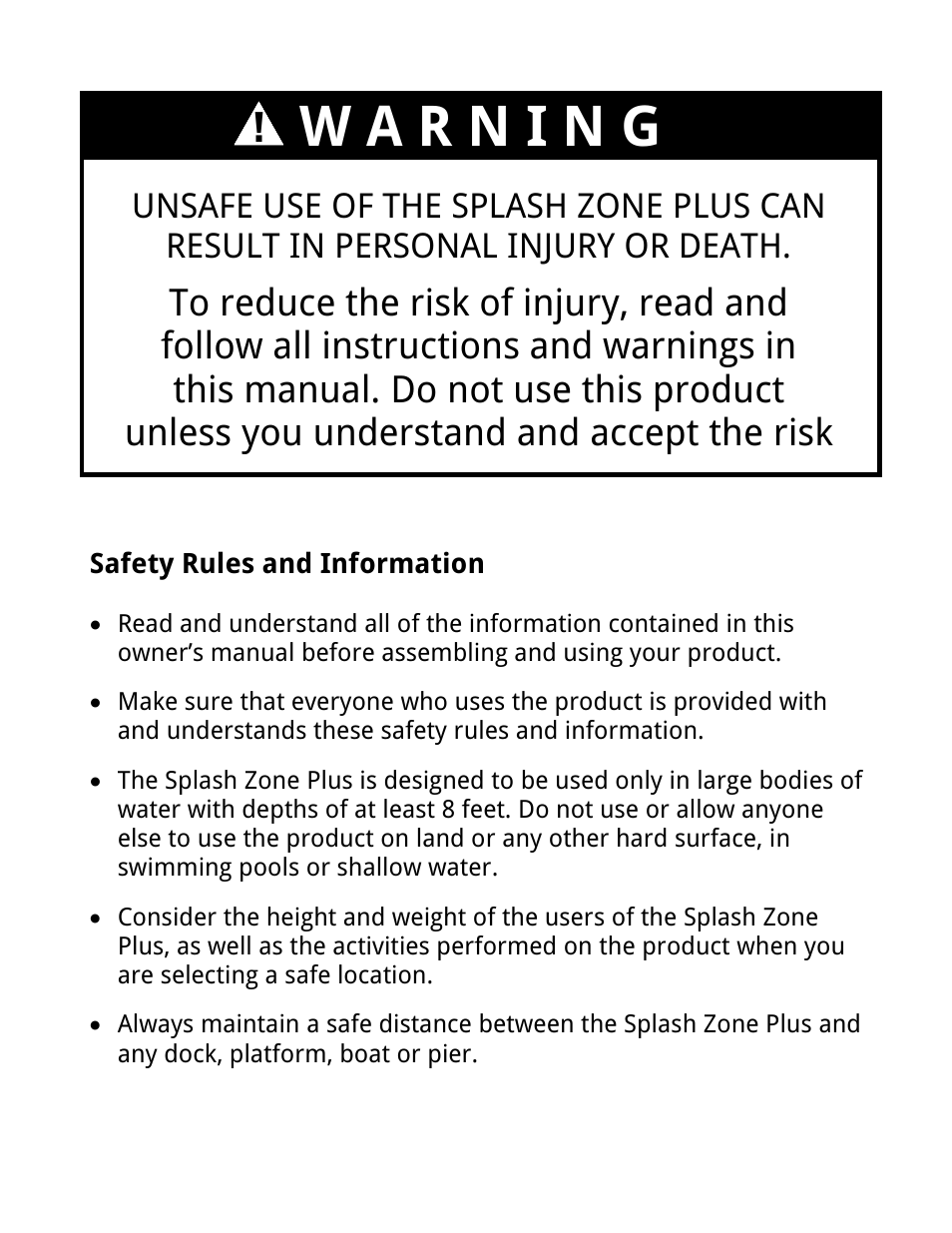 W a r n i n g | RAVE Sports Splash Zone Plus 12' User Manual | Page 4 / 24