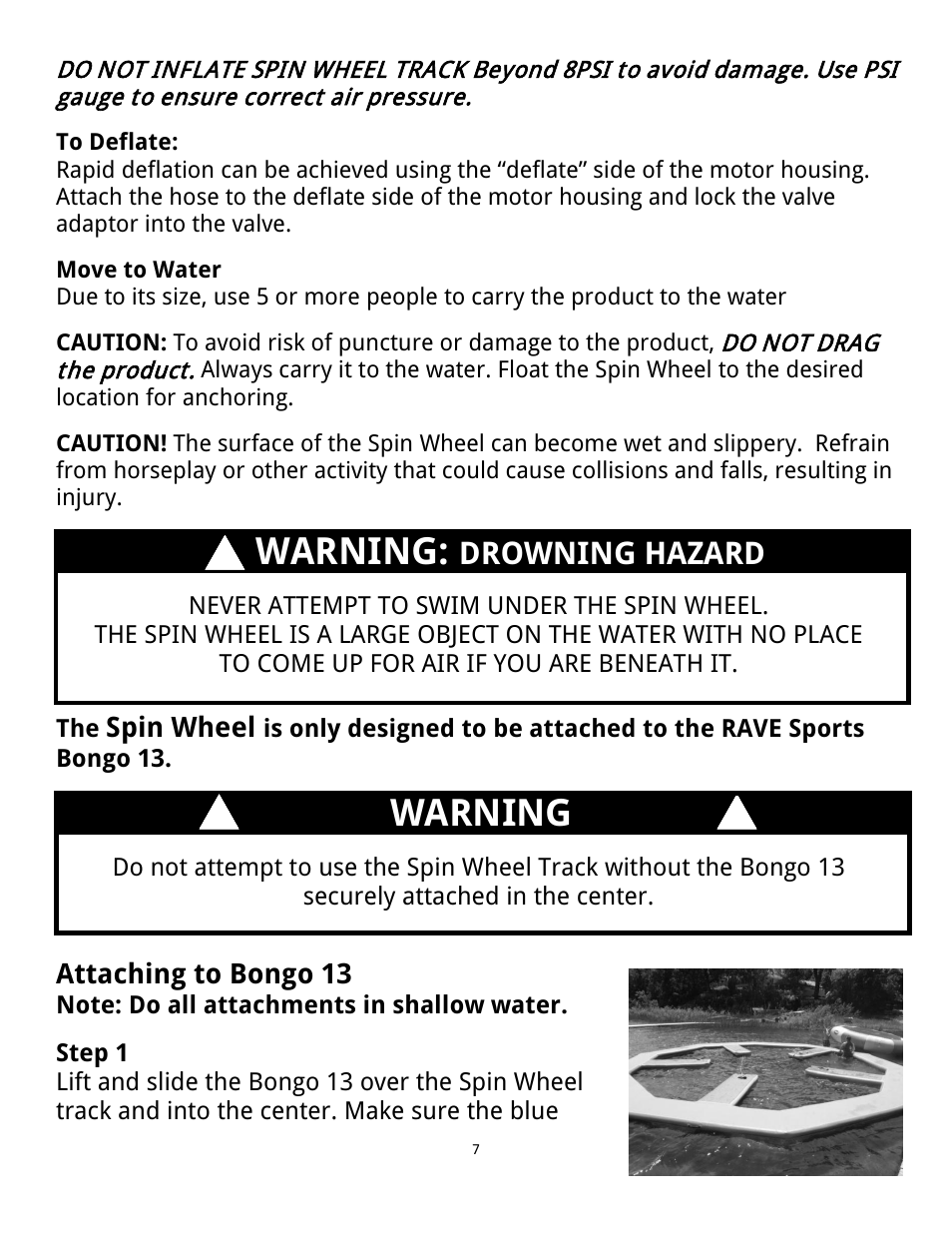 Warning: drowning hazard, Warning, Drowning hazard | Spin wheel, Attaching to bongo 13 | RAVE Sports Spin Wheel w/ Bongo 13 User Manual | Page 7 / 16