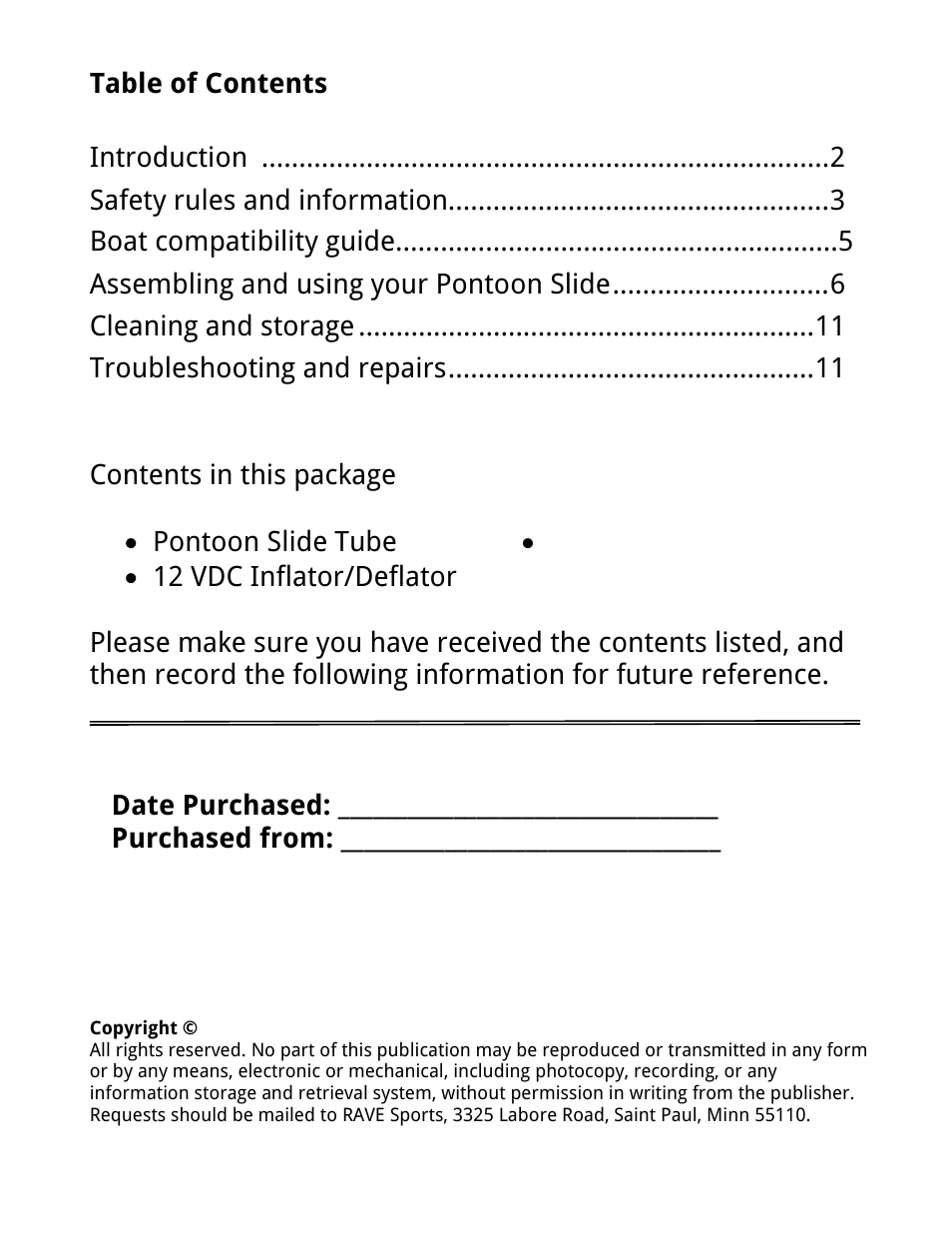 Contents in this package | RAVE Sports Pontoon Slide User Manual | Page 2 / 16