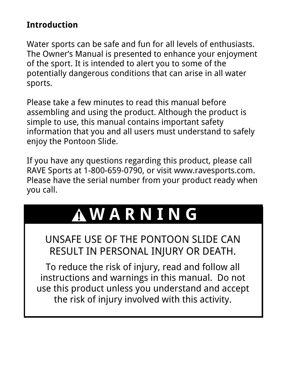 W a r n i n g | RAVE Sports Pontoon Slide User Manual | Page 3 / 16