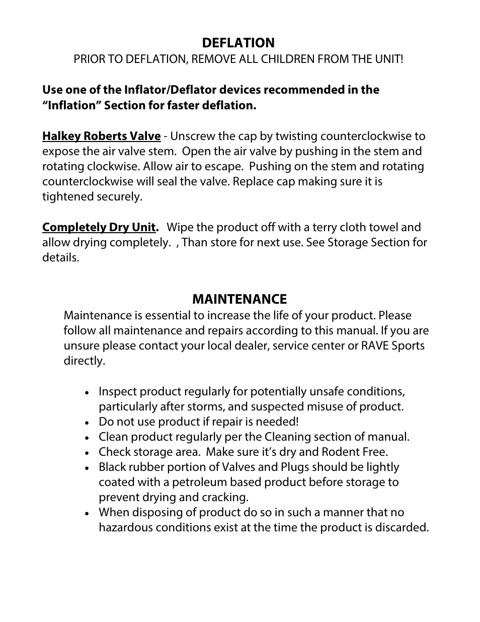 Deflation, Maintenance | RAVE Sports 12' Saturn User Manual | Page 9 / 16