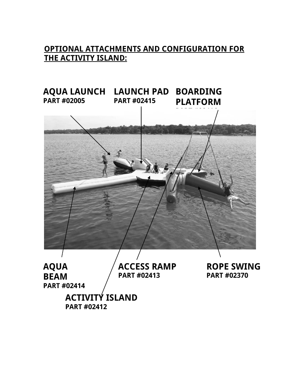 Aqua beam, Access ramp, Rope swing | Aqua launch, Launch pad, Boarding platform, Activity island | RAVE Sports Activity Island w/ EZ Up II Board Platform User Manual | Page 4 / 32