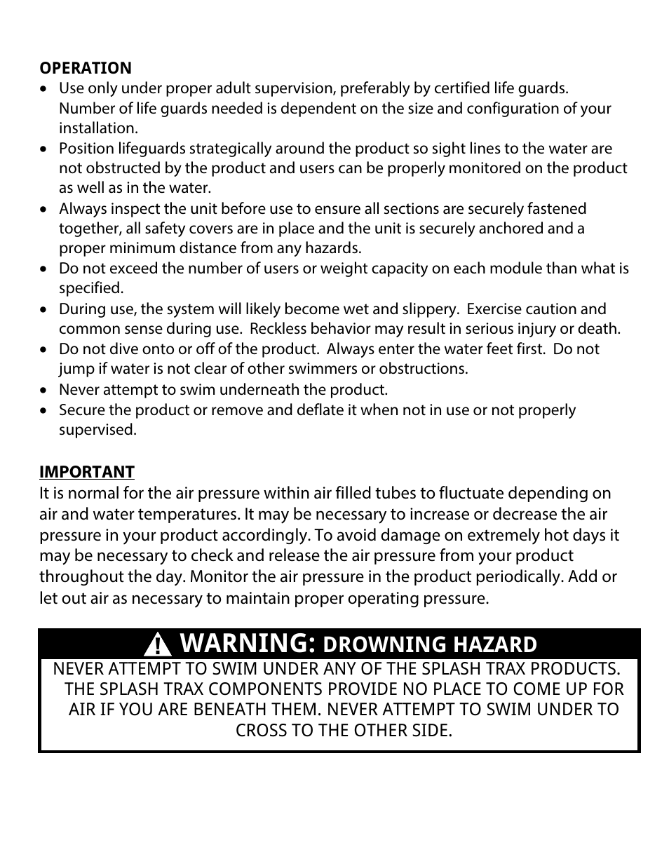 Warning: drowning hazard, Warning, Drowning hazard | RAVE Sports Splash Trax Arch Bridge User Manual | Page 26 / 32