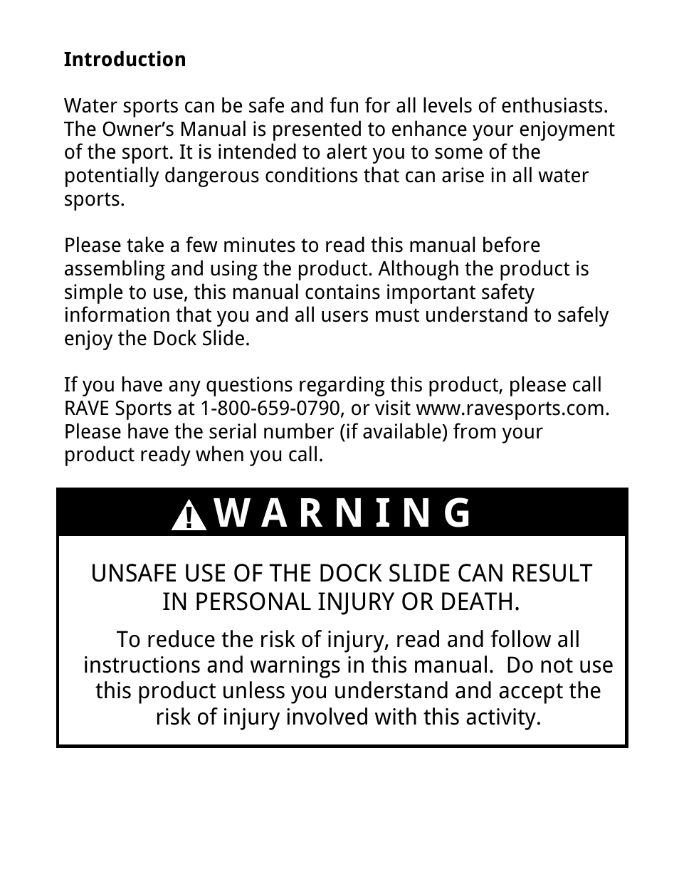 W a r n i n g | RAVE Sports Dock Slide User Manual | Page 3 / 16
