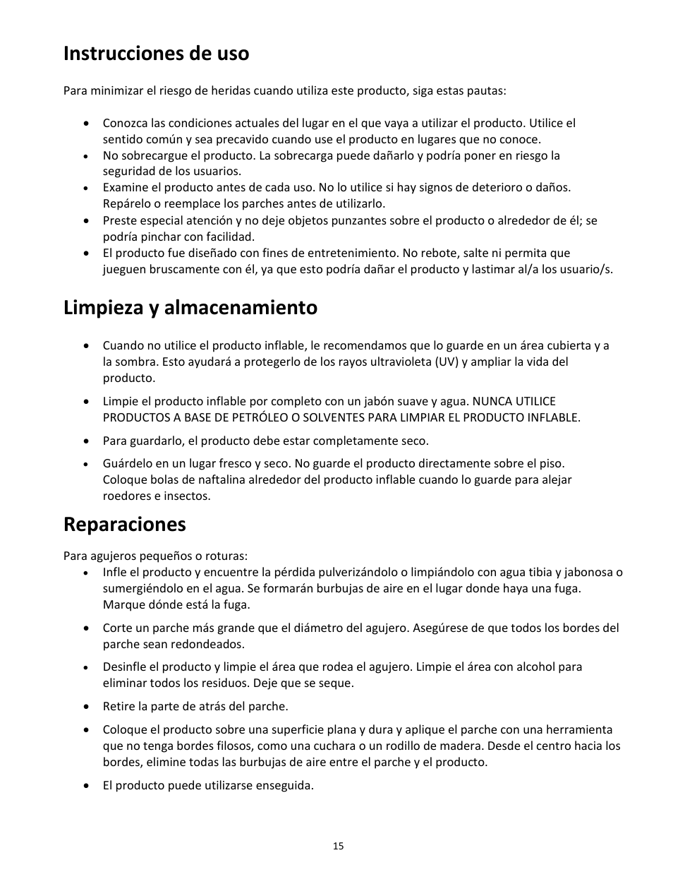 Instrucciones de uso, Limpieza y almacenamiento, Reparaciones | RAVE Sports Apollo Lounge User Manual | Page 16 / 20
