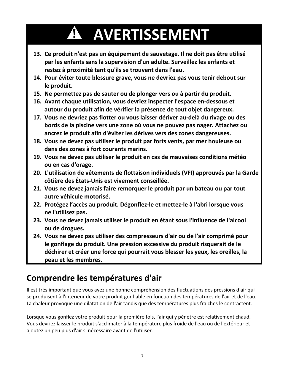 Avertissement, Comprendre les températures d'air | RAVE Sports Apollo Lounge User Manual | Page 8 / 20