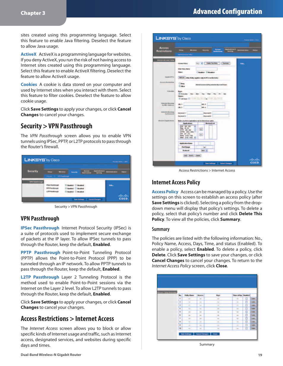 Security > vpn passthrough, Access restrictions > internet access, Advanced configuration | Vpn passthrough, Internet access policy | Cisco WRT320N User Manual | Page 20 / 53