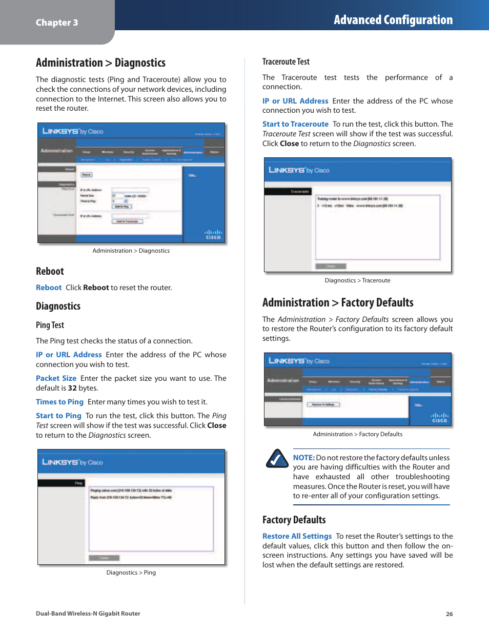 Administration > diagnostics, Administration > factory defaults, Advanced configuration | Reboot, Diagnostics, Factory defaults | Cisco WRT320N User Manual | Page 27 / 53