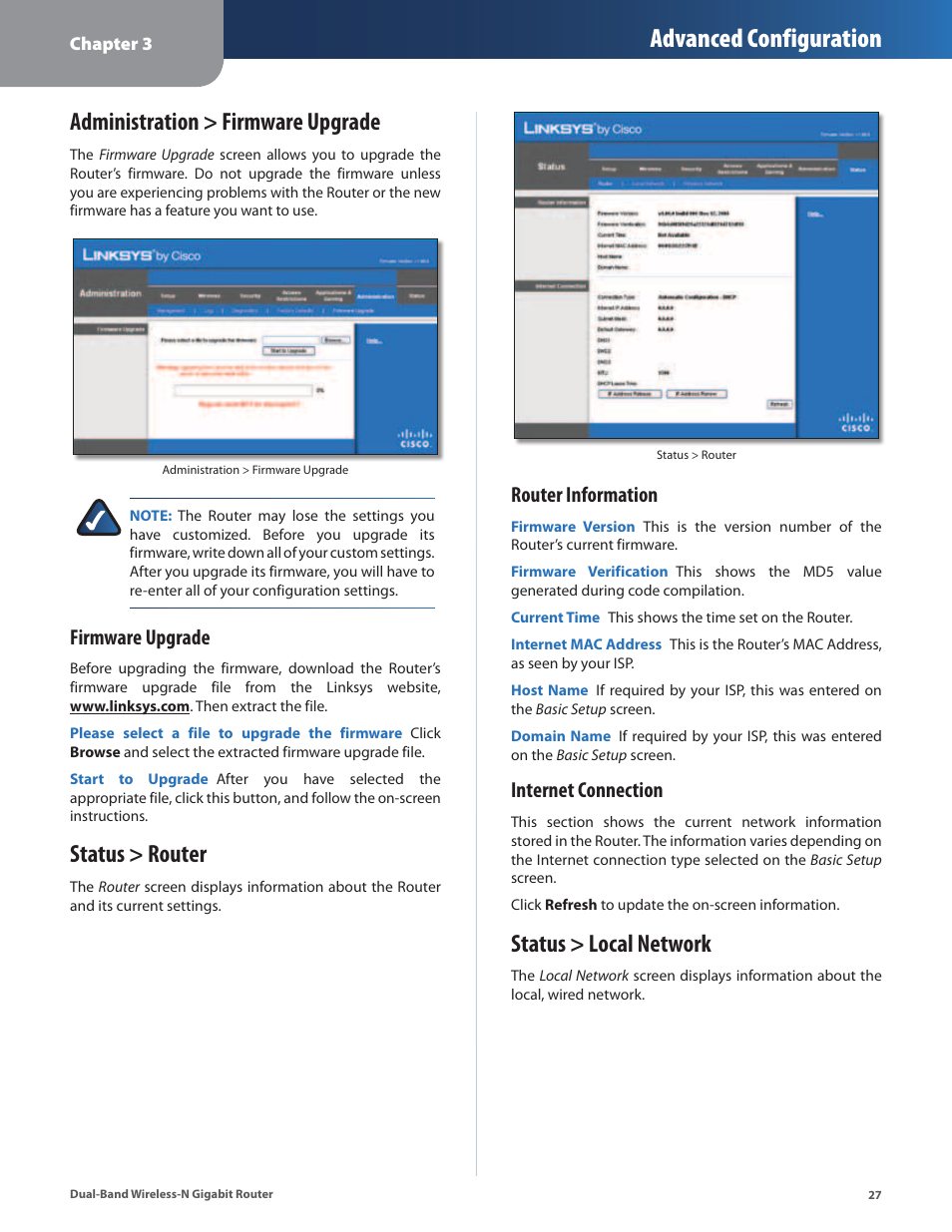 Administration > firmware upgrade, Status > router, Status > local network | Advanced configuration, Firmware upgrade, Router information, Internet connection | Cisco WRT320N User Manual | Page 28 / 53