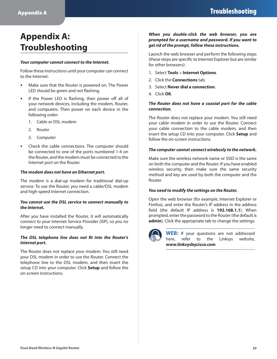 Appendix a: troubleshooting, Troubleshooting | Cisco WRT320N User Manual | Page 30 / 53