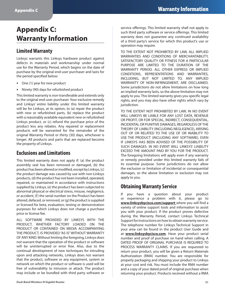 Appendix c: warranty information, Limited warranty, Exclusions and limitations | Obtaining warranty service, Warranty information | Cisco WRT320N User Manual | Page 32 / 53
