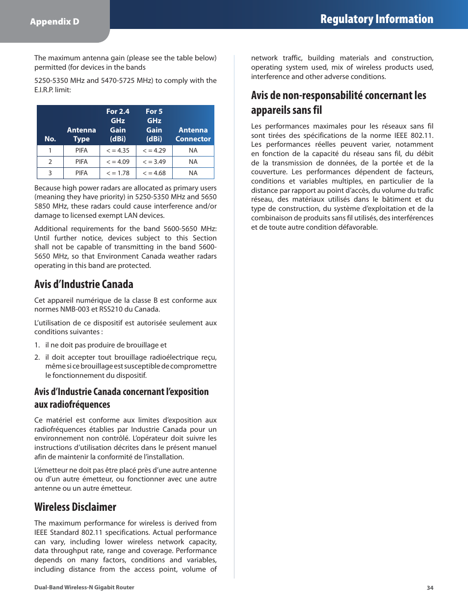 Avis d’industrie canada, Wireless disclaimer, Regulatory information | Cisco WRT320N User Manual | Page 35 / 53