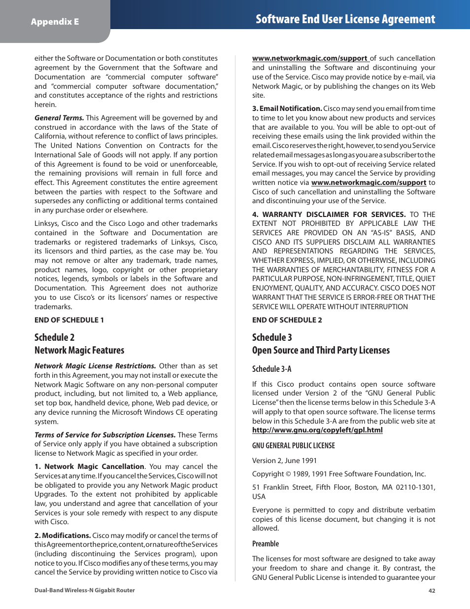Software end user license agreement, Schedule 2 network magic features, Schedule 3 open source and third party licenses | Cisco WRT320N User Manual | Page 43 / 53