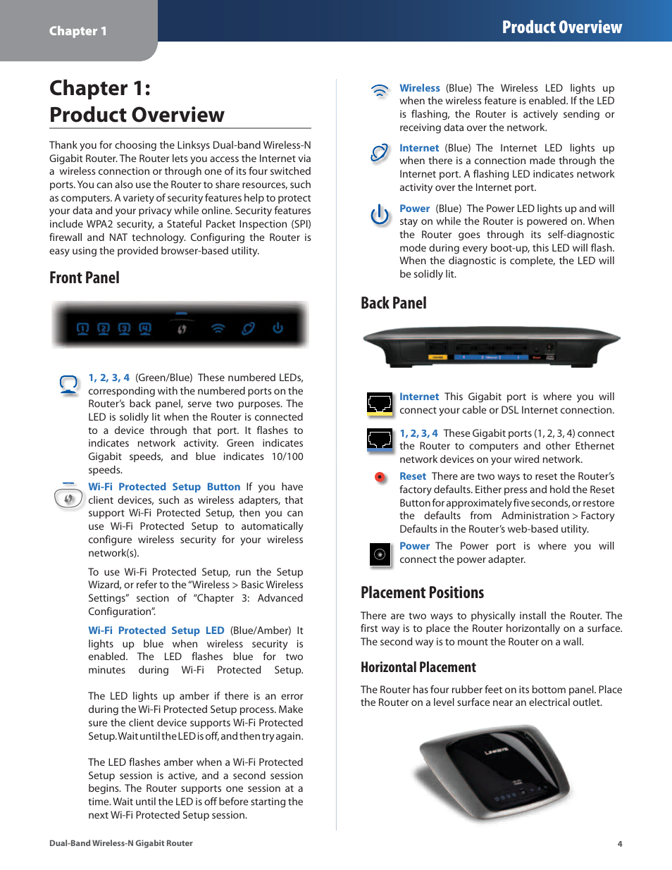 Chapter 1: product overview, Front panel, Back panel | Placement positions, Front panel back panel placement positions, Product overview, Horizontal placement | Cisco WRT320N User Manual | Page 5 / 53