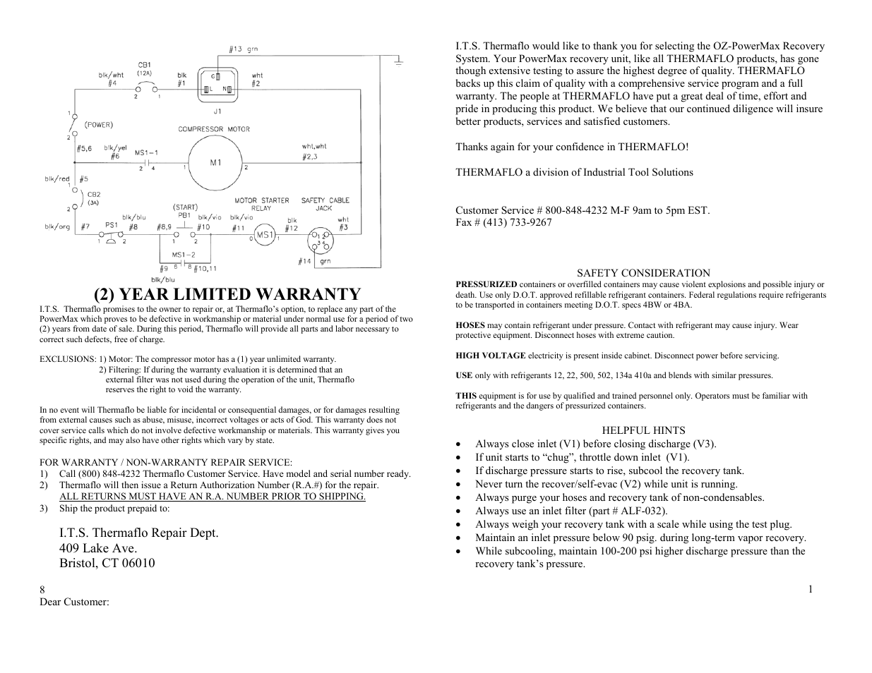 I.t.s. thermaflo repair dept, 2) year limited warranty | REFCO Powermax User Manual | Page 9 / 9