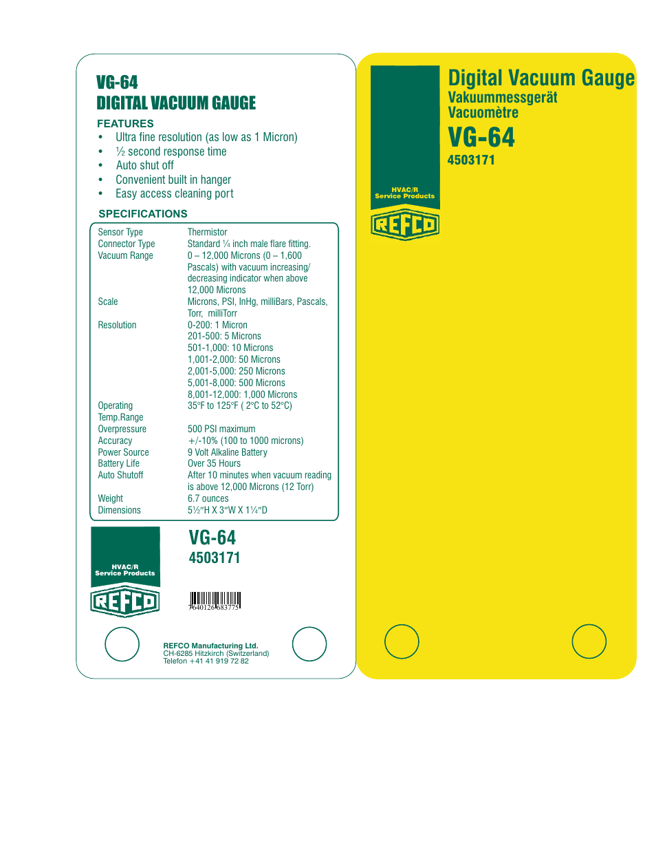 REFCO VG-64 User Manual | 2 pages