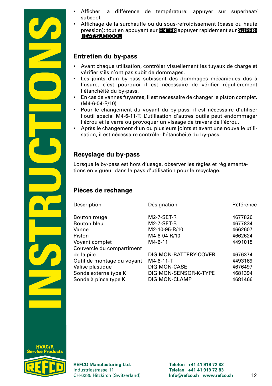 Entretien du by-pass, Recyclage du by-pass, Pièces de rechange | REFCO DIGIMON User Manual | Page 12 / 24