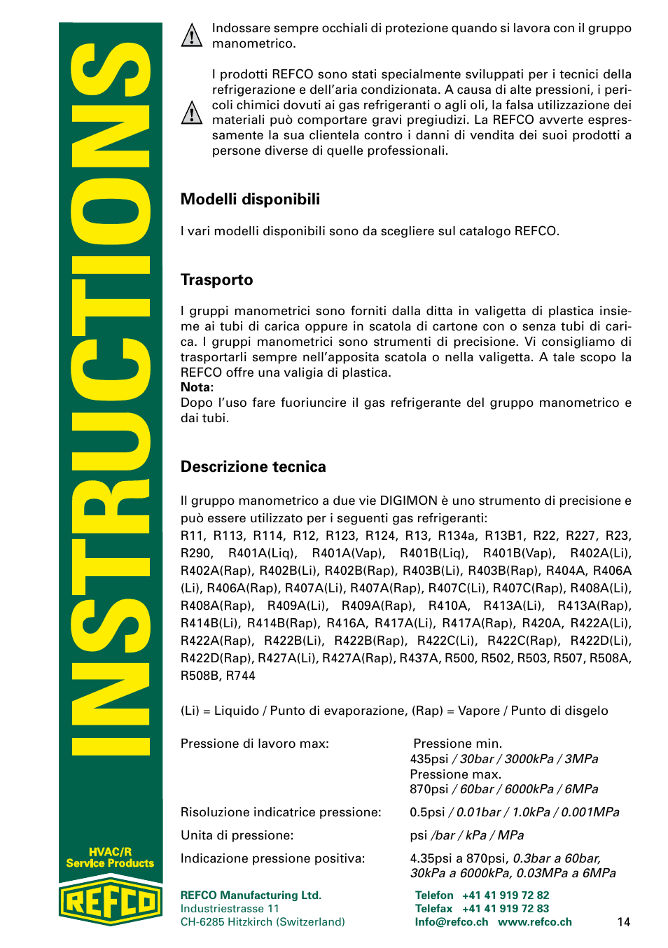 Modelli disponibili, Trasporto, Descrizione tecnica | REFCO DIGIMON User Manual | Page 14 / 24