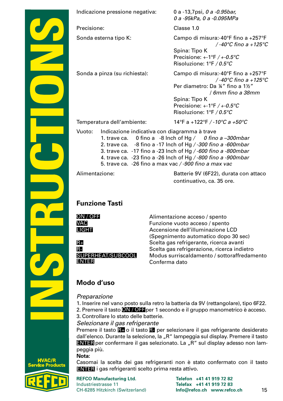 Funzione tasti, Modo d‘uso | REFCO DIGIMON User Manual | Page 15 / 24