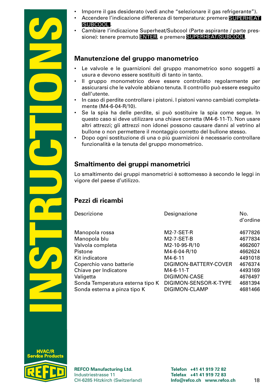 Manutenzione del gruppo manometrico, Smaltimento dei gruppi manometrici, Pezzi di ricambi | REFCO DIGIMON User Manual | Page 18 / 24