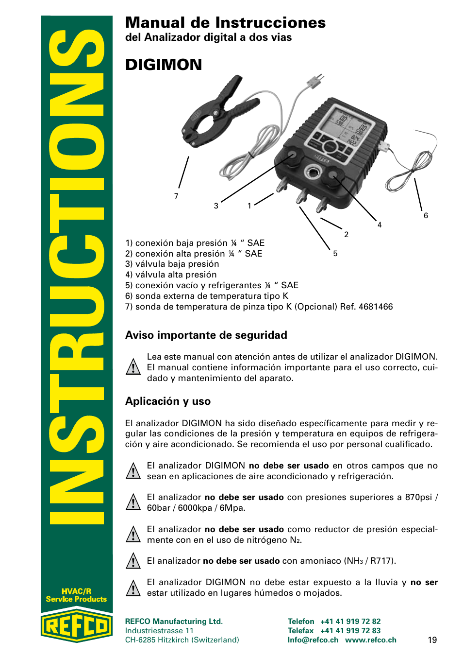 Manual de instrucciones, Digimon, Del analizador digital a dos vias | Aviso importante de seguridad, Aplicación y uso | REFCO DIGIMON User Manual | Page 19 / 24