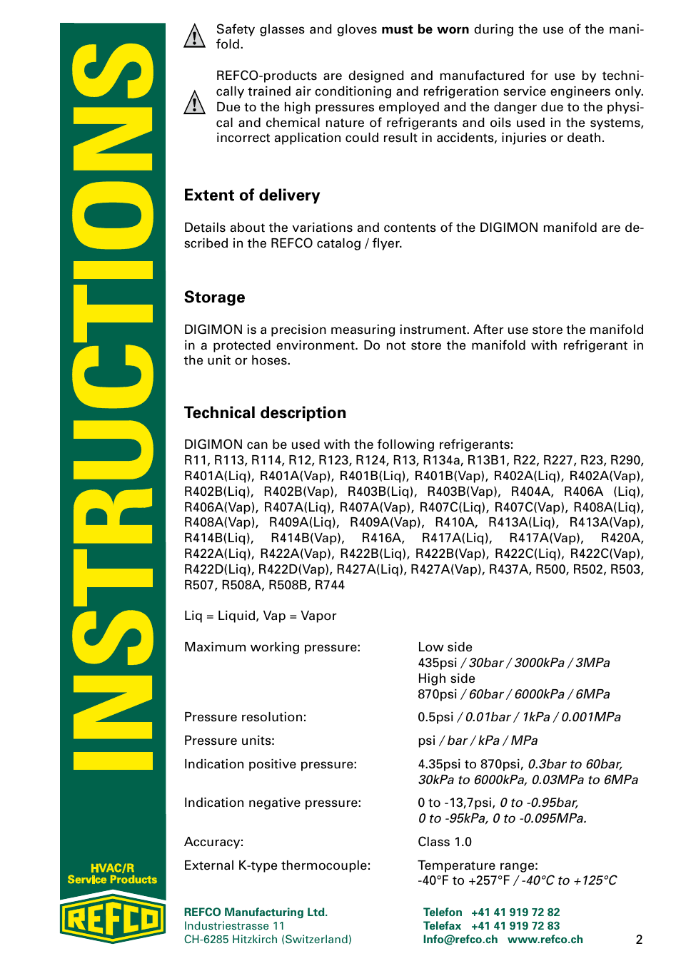 Extent of delivery, Storage, Technical description | REFCO DIGIMON User Manual | Page 2 / 24
