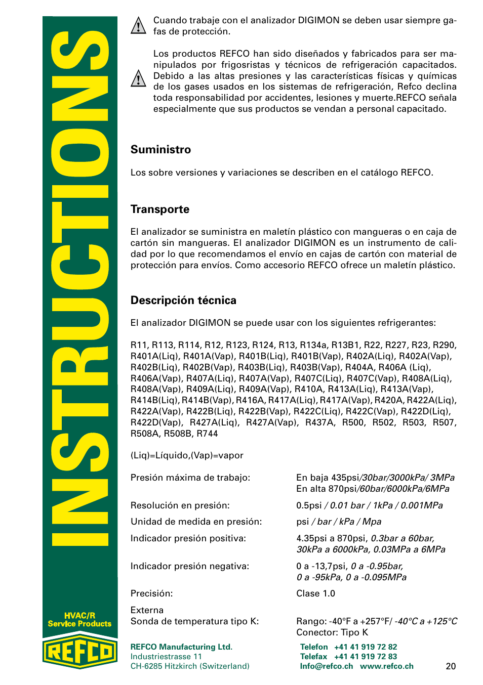 Suministro, Transporte, Descripción técnica | REFCO DIGIMON User Manual | Page 20 / 24