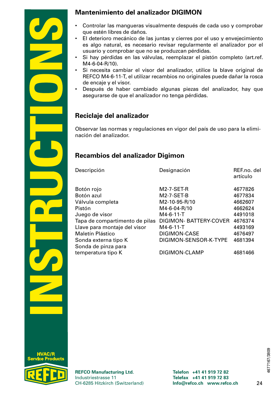 Mantenimiento del analizador digimon, Reciclaje del analizador, Recambios del analizador digimon | REFCO DIGIMON User Manual | Page 24 / 24