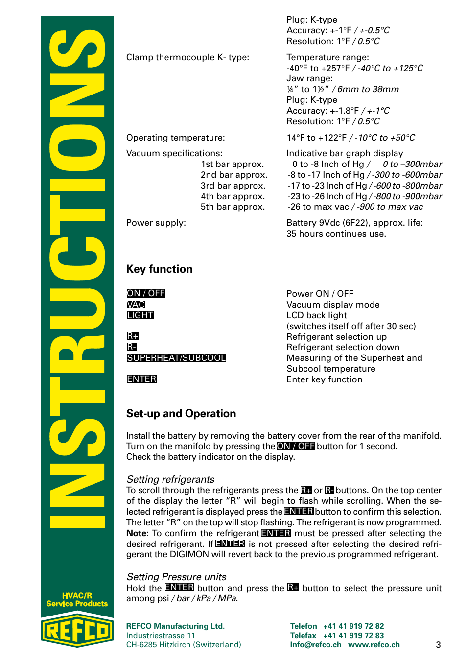 Key function, Set-up and operation | REFCO DIGIMON User Manual | Page 3 / 24