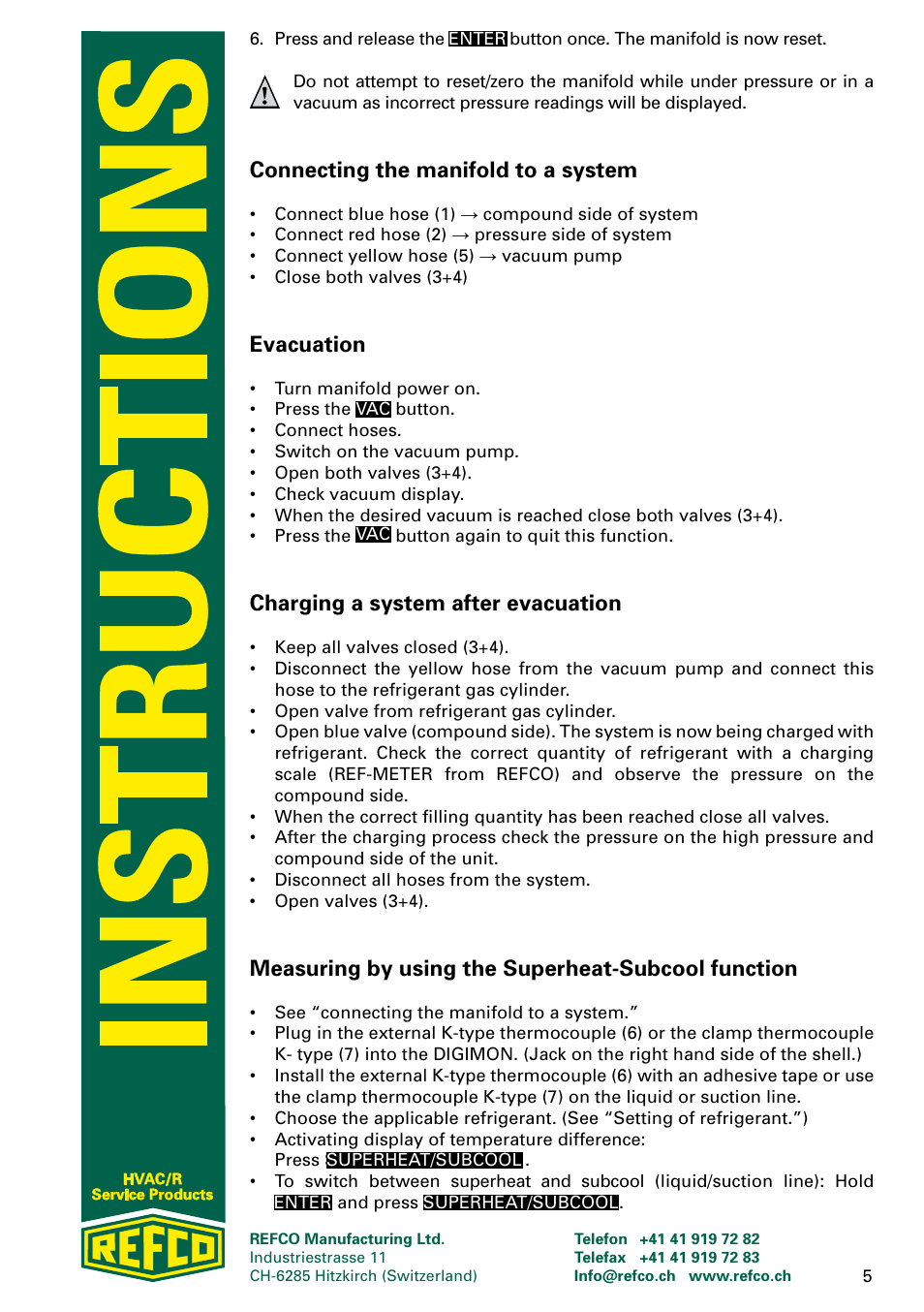 Connecting the manifold to a system, Evacuation, Charging a system after evacuation | Measuring by using the superheat-subcool function | REFCO DIGIMON User Manual | Page 5 / 24