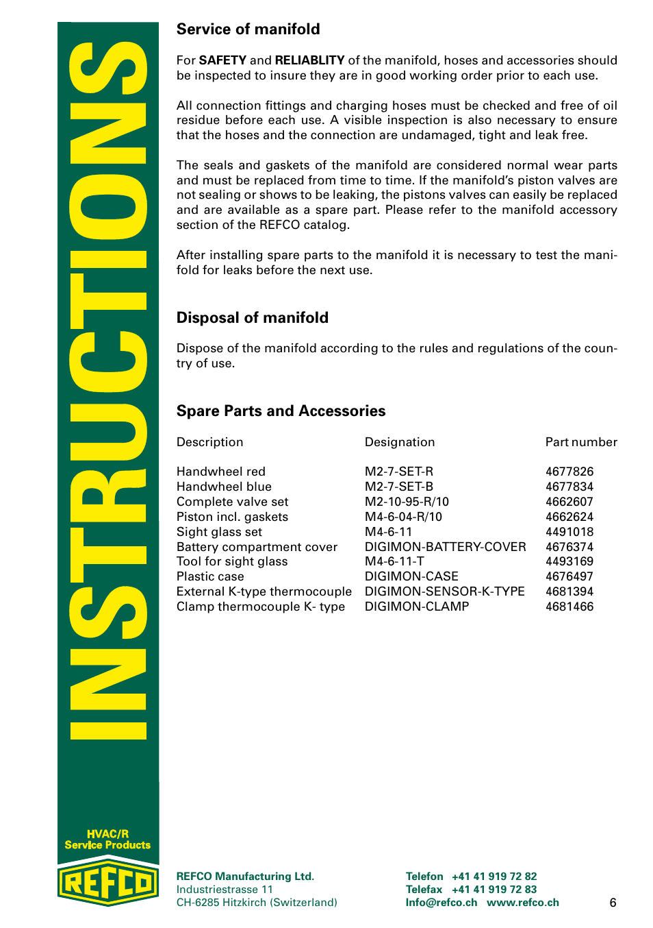 Service of manifold, Disposal of manifold, Spare parts and accessories | REFCO DIGIMON User Manual | Page 6 / 24