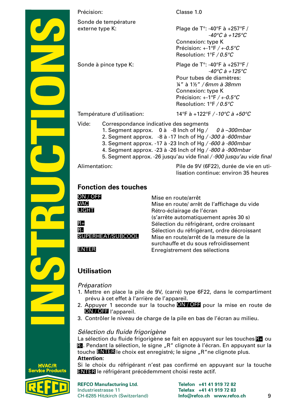 Fonction des touches, Utilisation | REFCO DIGIMON User Manual | Page 9 / 24