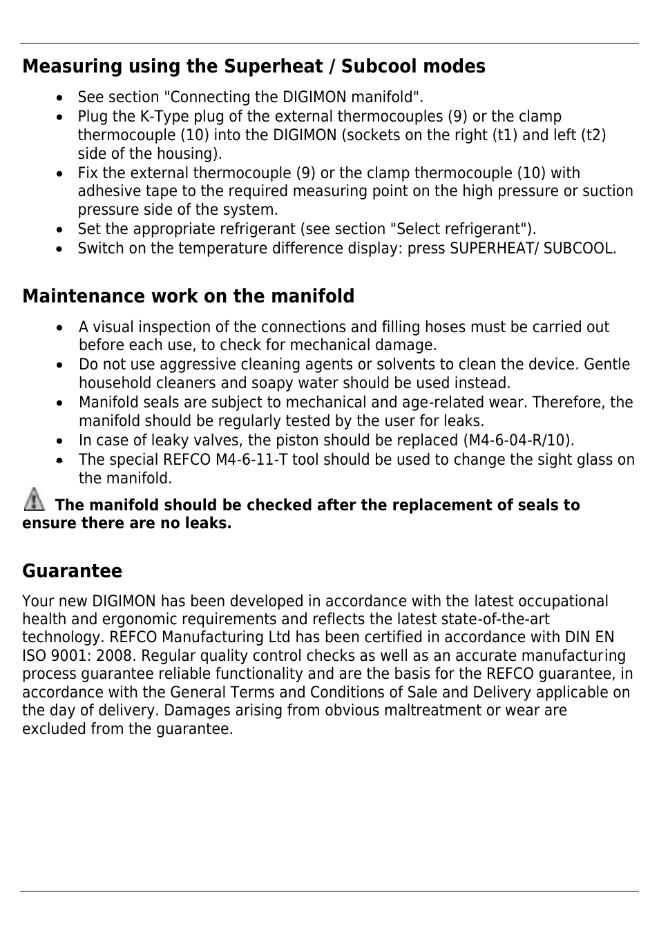 Measuring using the superheat / subcool modes, Maintenance work on the manifold, Guarantee | REFCO DIGIMON4 User Manual | Page 16 / 61