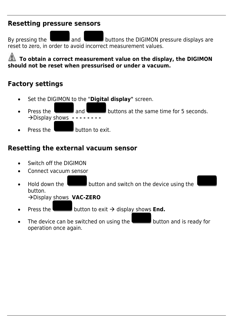 Resetting pressure sensors, Factory settings, Resetting the external vacuum sensor | REFCO DIGIMON4 User Manual | Page 18 / 61