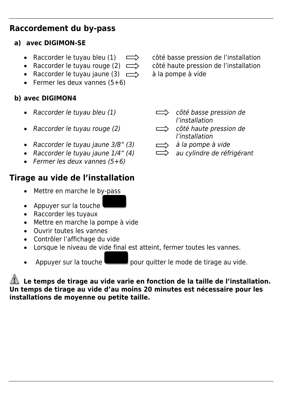 Raccordement du by-pass, Tirage au vide de l’installation | REFCO DIGIMON4 User Manual | Page 34 / 61